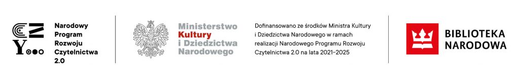 Grafika przedstawia trzy logotypy projektu: Narodowy Program Rozwoju Czytelnictwa 2.0, Ministerstwo Kultury i Dziedzictwa Narodowego, Biblioteka Narodowa.